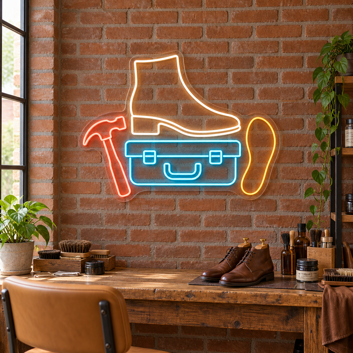 Boot & Toolbox LED Neon Sign for Cobbler Shops - interior setting