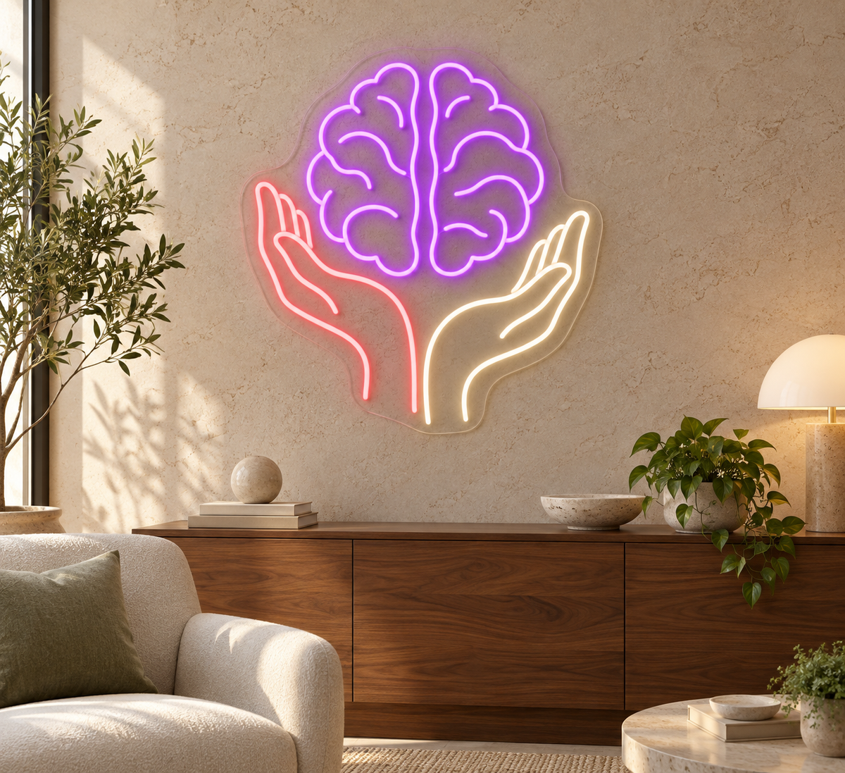 Mind in Caring Hands LED Neon Sign for Mental Health Clinics - interior setting