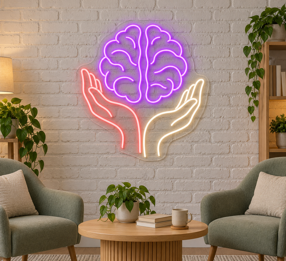 Mind in Caring Hands LED Neon Sign for Mental Health Clinics - interior setting