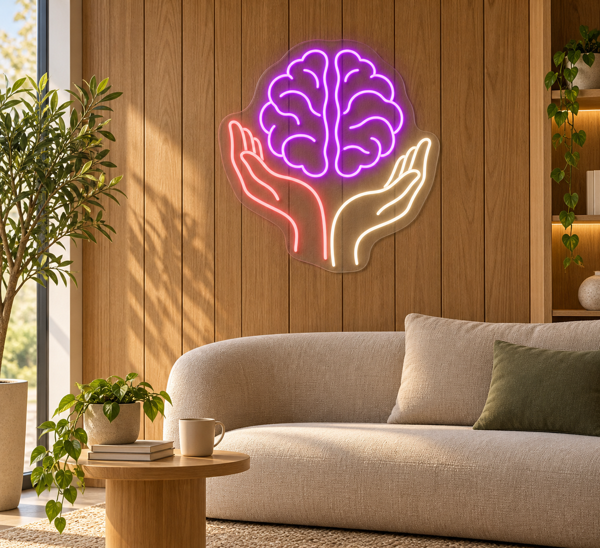 Mind in Caring Hands LED Neon Sign for Mental Health Clinics - interior setting