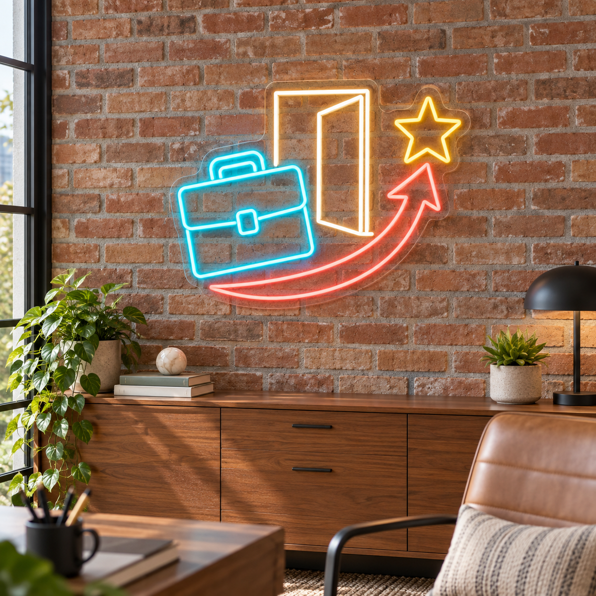 Briefcase & Open Door LED Neon Sign for Employment Agencies - interior setting