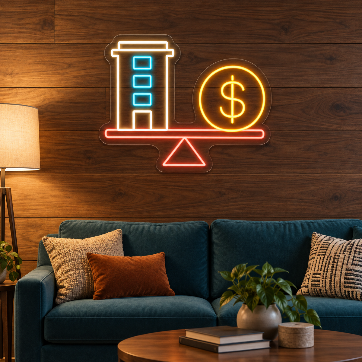 Building & Dollar Coin Balance LED Neon Sign for Appraisers - interior setting