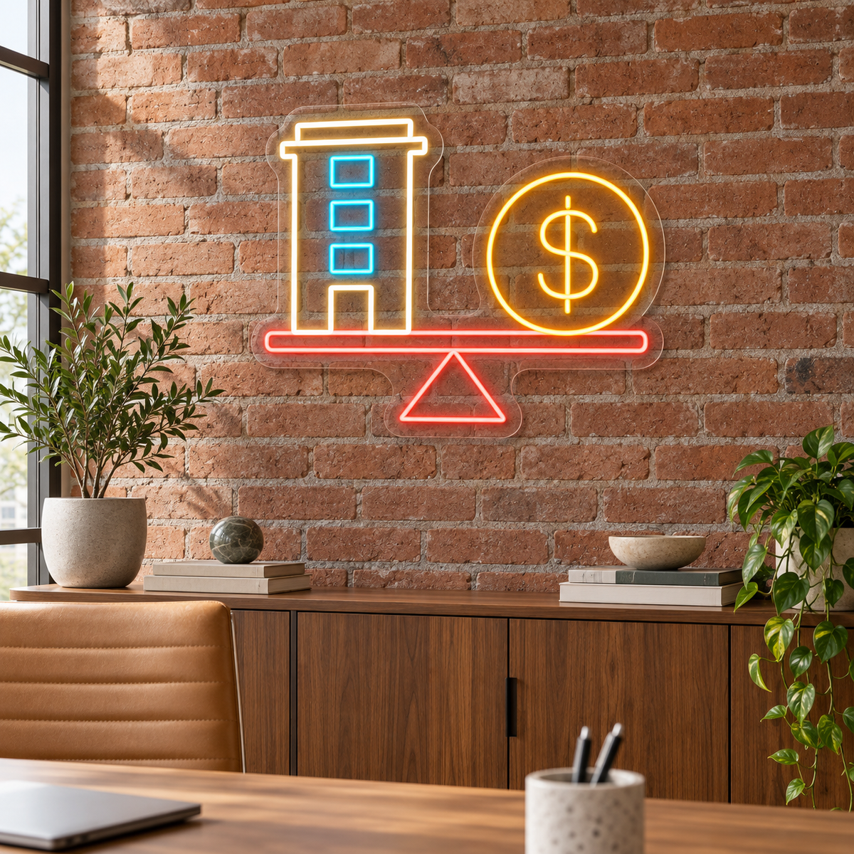 Building & Dollar Coin Balance LED Neon Sign for Appraisers - interior setting