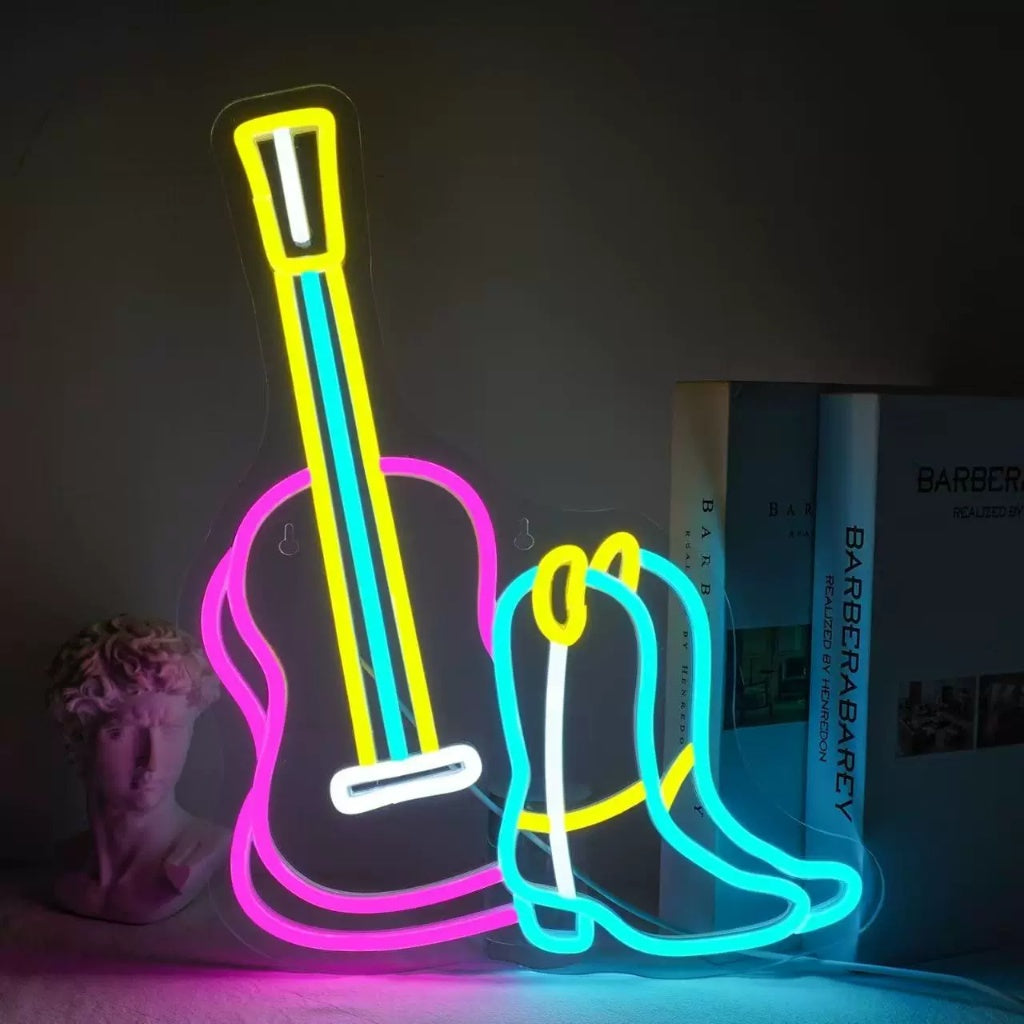 Guitar and Cowboy Boot LED Neon Sign Western Music Neon Light for Bar Room Decor