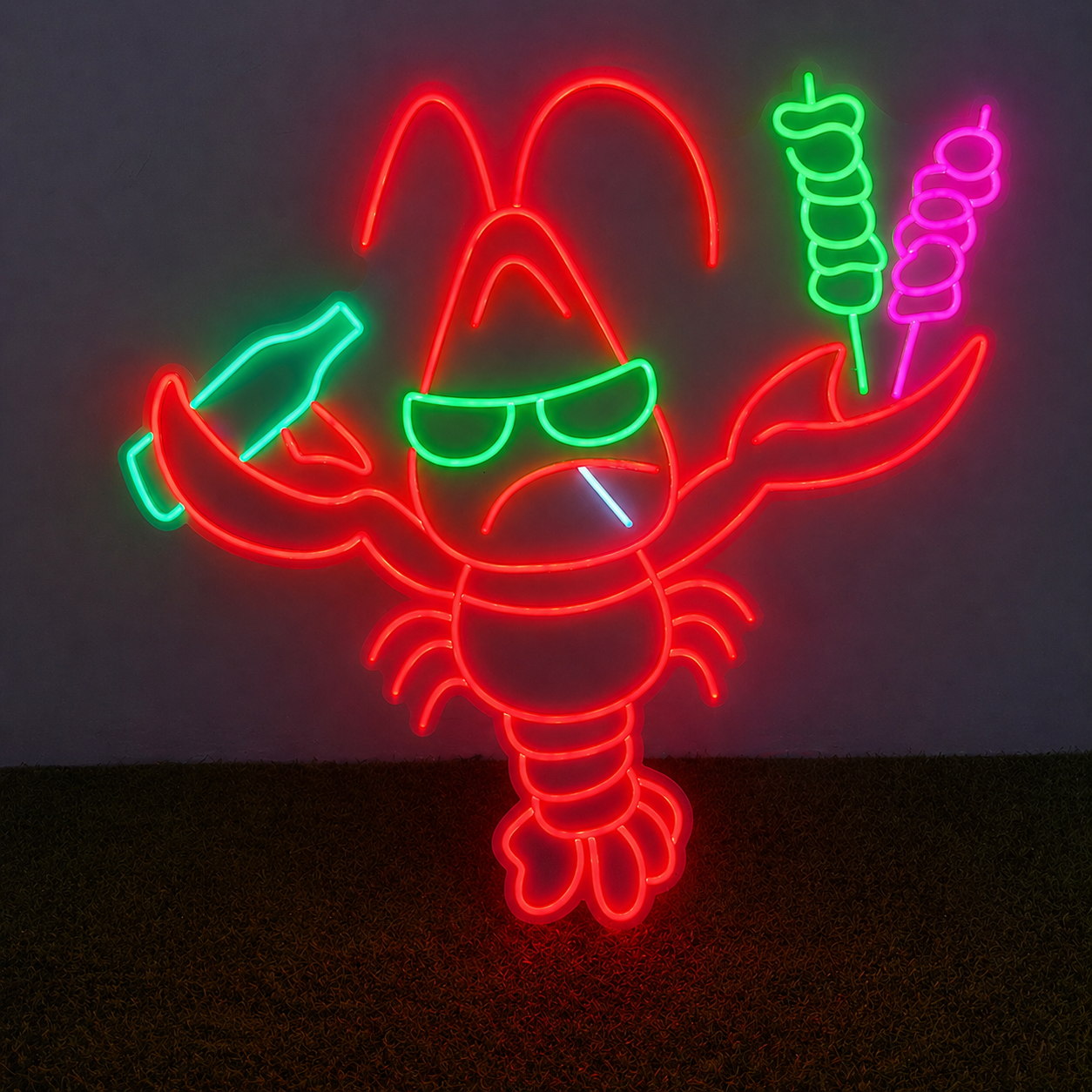 Funny Lobster LED Neon Sign with Beer & Skewers Cartoon Seafood Neon Light Wall Decor for Bar Restaurant Party