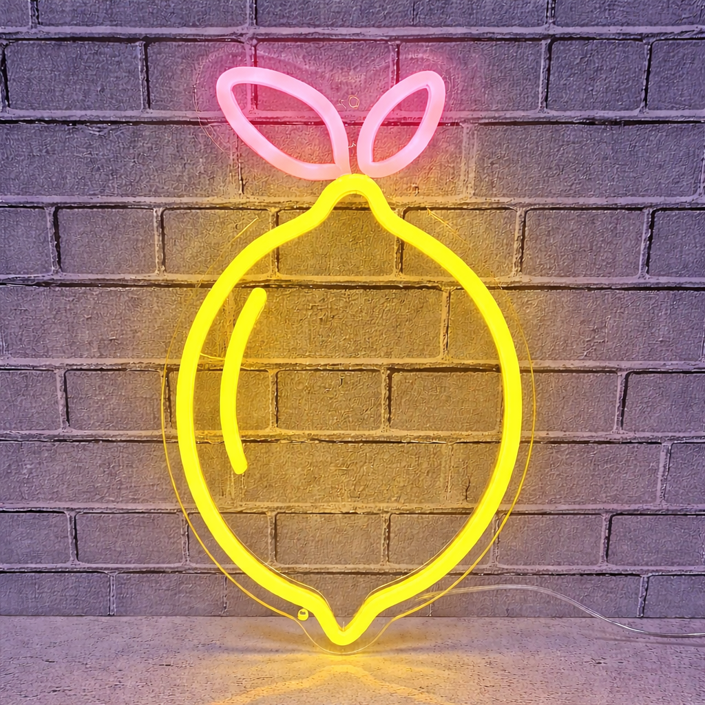 Lemon LED Neon Sign Yellow Fruit Neon Light with Green Leaves for Kitchen Bar Wall Decor