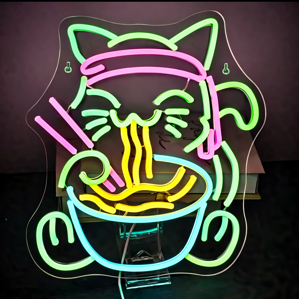 Cute Cat Eating Ramen LED Neon Sign Kawaii Noodle Bowl Neon Light for Bedroom Café Wall Decor