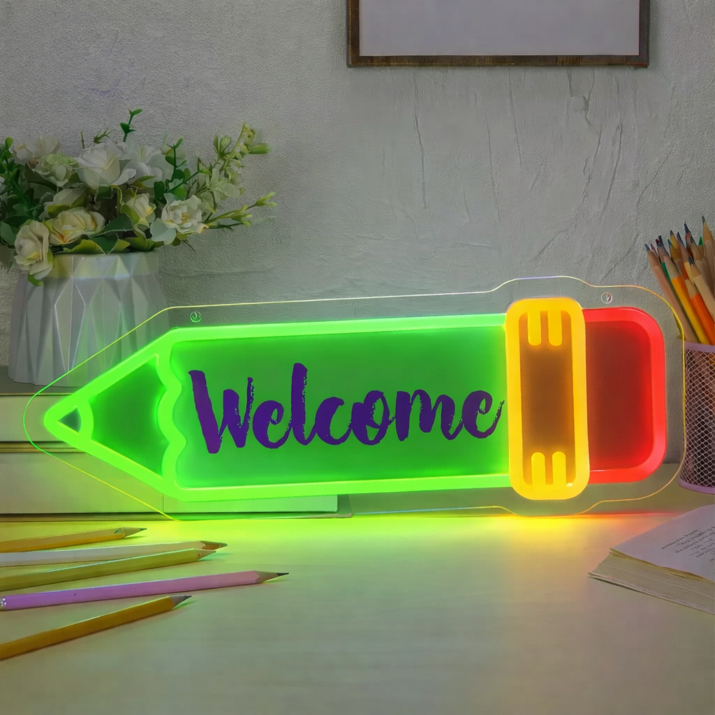 Personalized Classroom Welcome Pencil LED Neon Sign for School Desk Decor