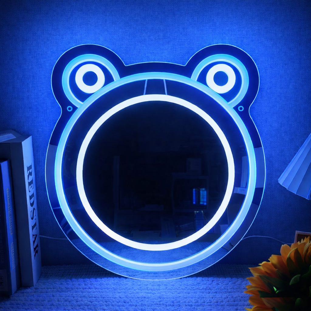 Cute Frog LED Neon Mirror Sign for Kids Room, Bedroom & Playful Wall Decor