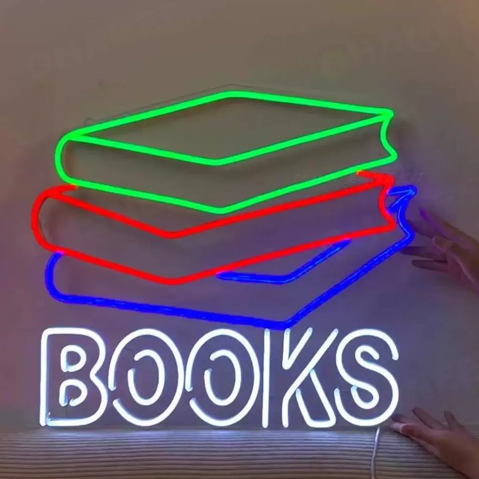 Books LED Neon Sign Stack of Books Wall Decor Light for Library Bedroom Study Room