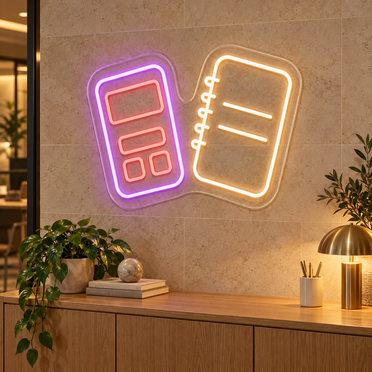 Calculator and Notebook LED Neon Sign for Office Spaces - interior setting