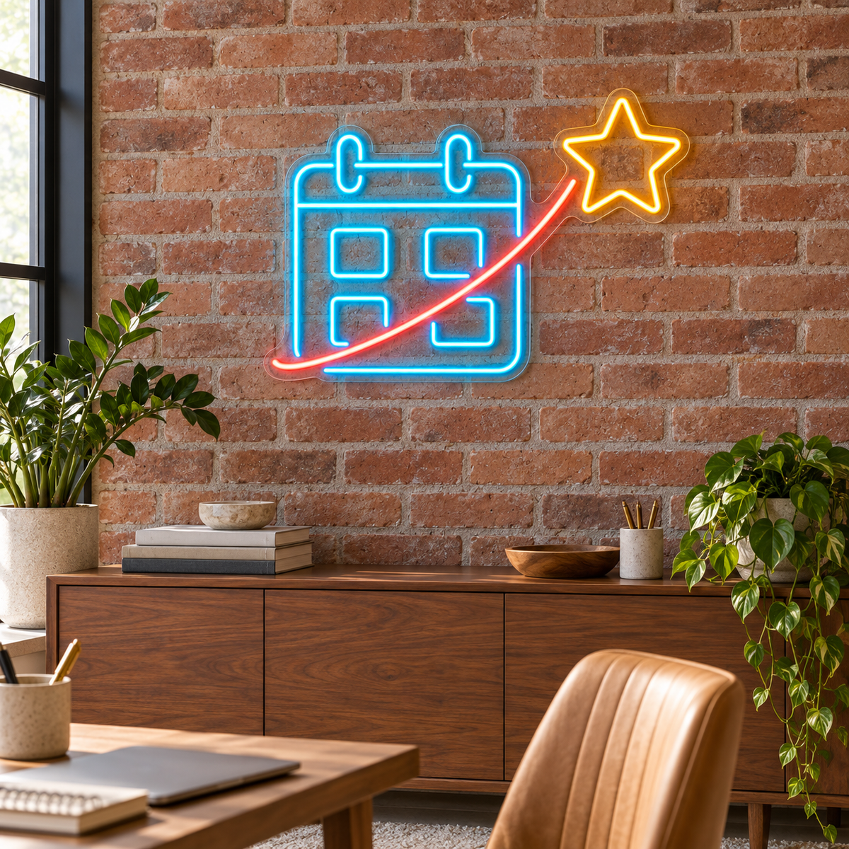 Calendar & Rising Star LED Neon Sign for Event Planners - interior setting