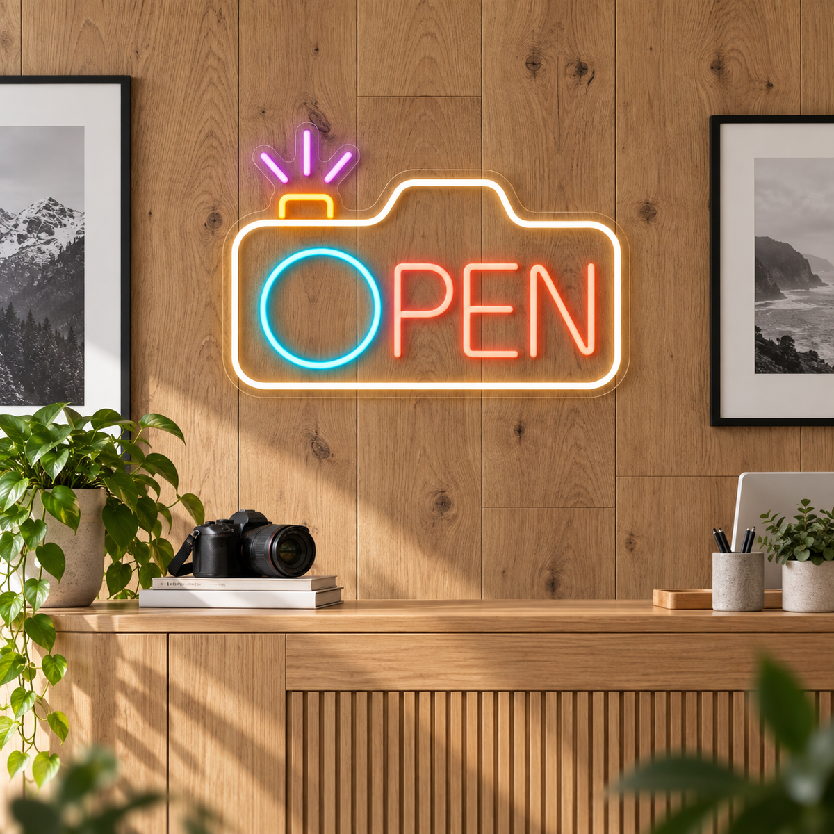 Camera OPEN LED Neon Sign for Photography Studios - interior setting