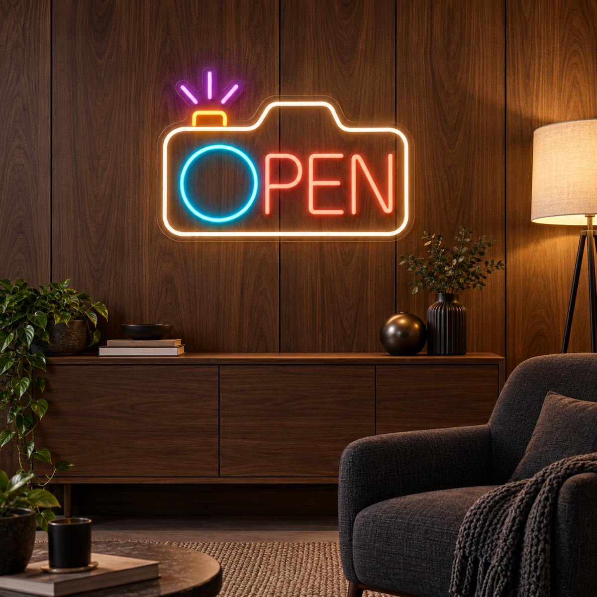 Camera OPEN LED Neon Sign for Photography Studios - interior setting