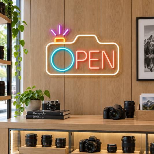 Camera OPEN LED Neon Sign for Photography Studios - interior setting
