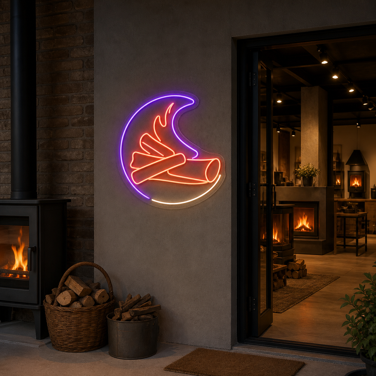 Campfire and Logs LED Neon Sign for Fireside Spaces - interior setting