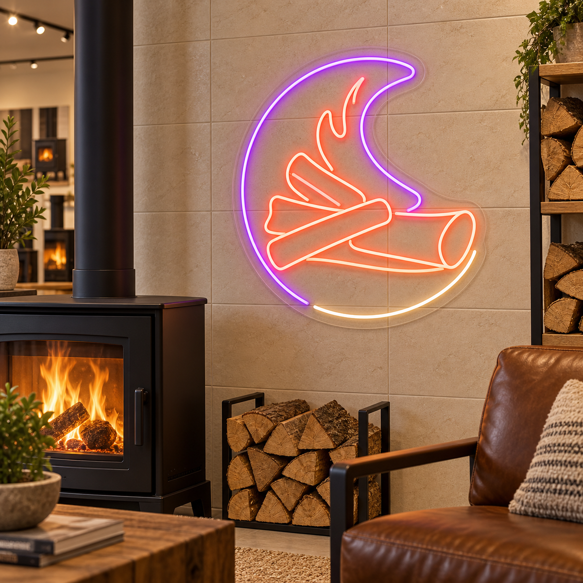 Campfire and Logs LED Neon Sign for Fireside Spaces - interior setting