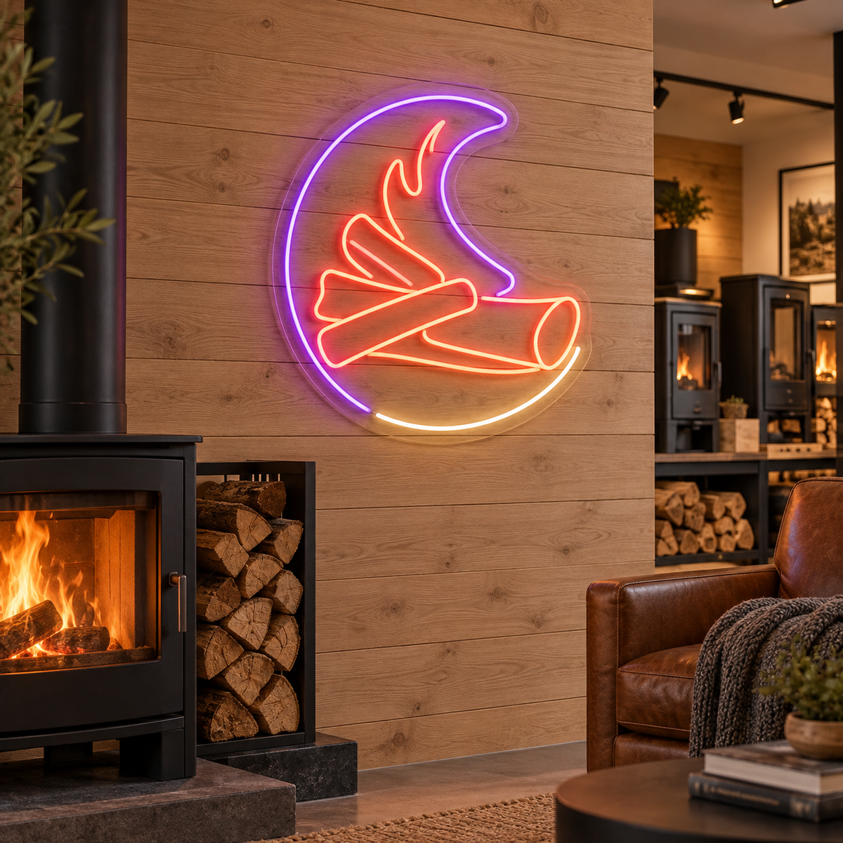 Campfire and Logs LED Neon Sign for Fireside Spaces - interior setting