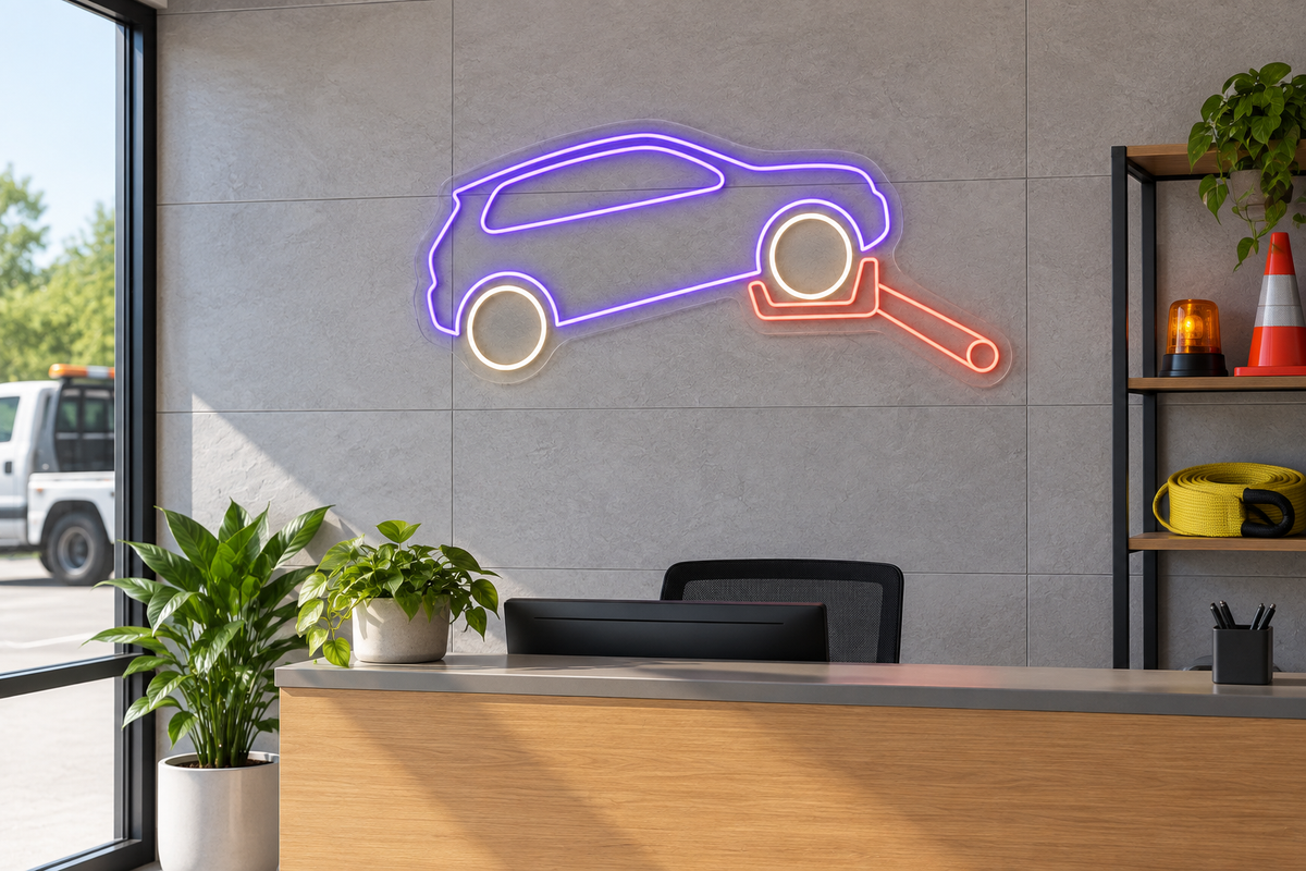 Car & Wheel Lift LED Neon Sign for Towing Services - interior setting