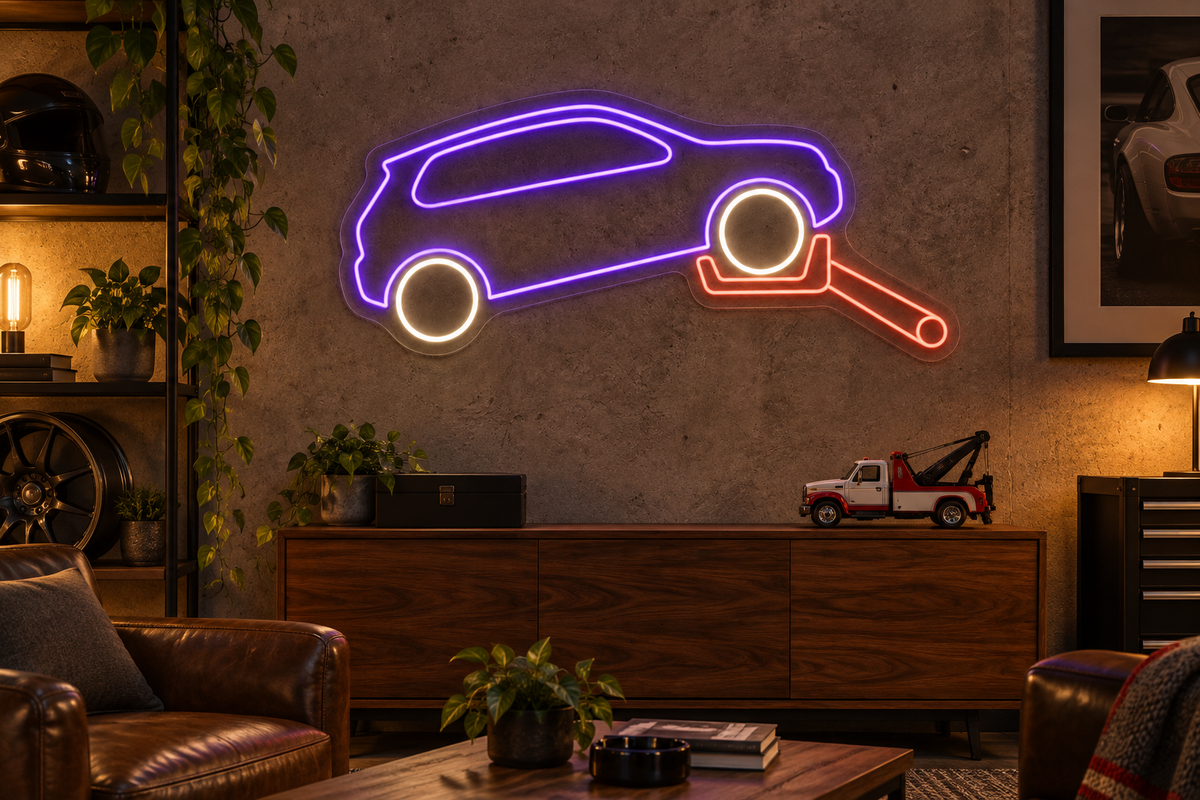 Car & Wheel Lift LED Neon Sign for Towing Services - interior setting