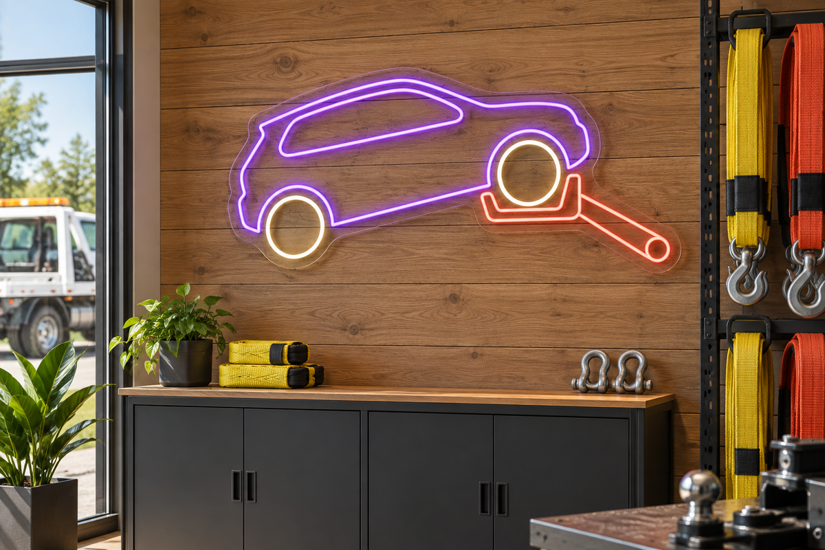Car & Wheel Lift LED Neon Sign for Towing Services - interior setting
