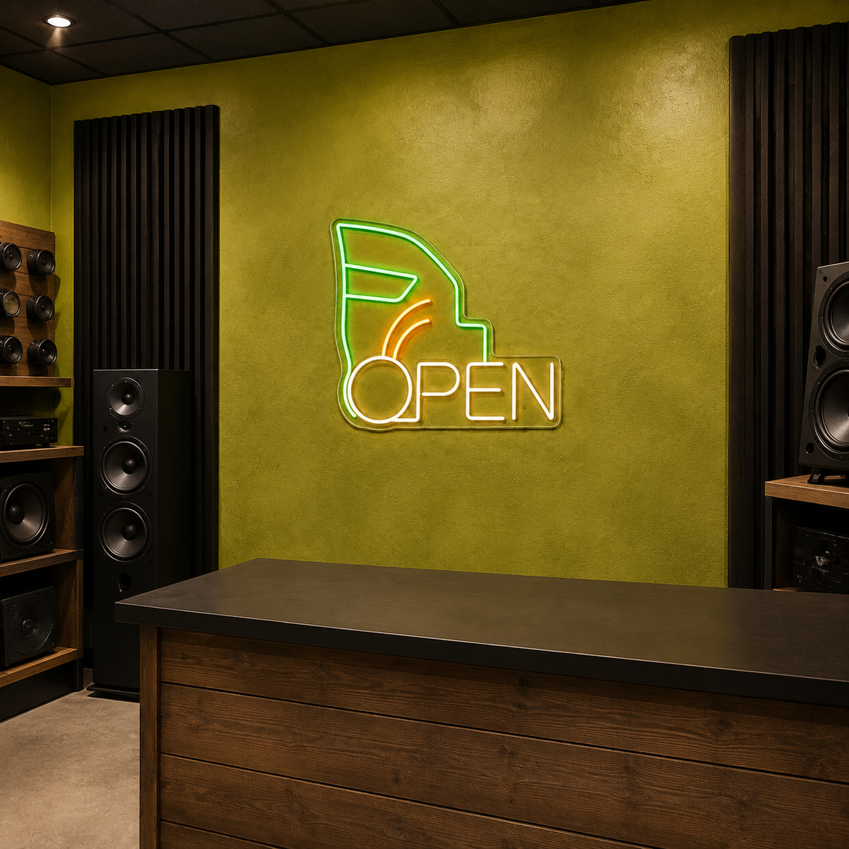 Car Audio OPEN LED Neon Sign for Car Audio Shops - interior setting