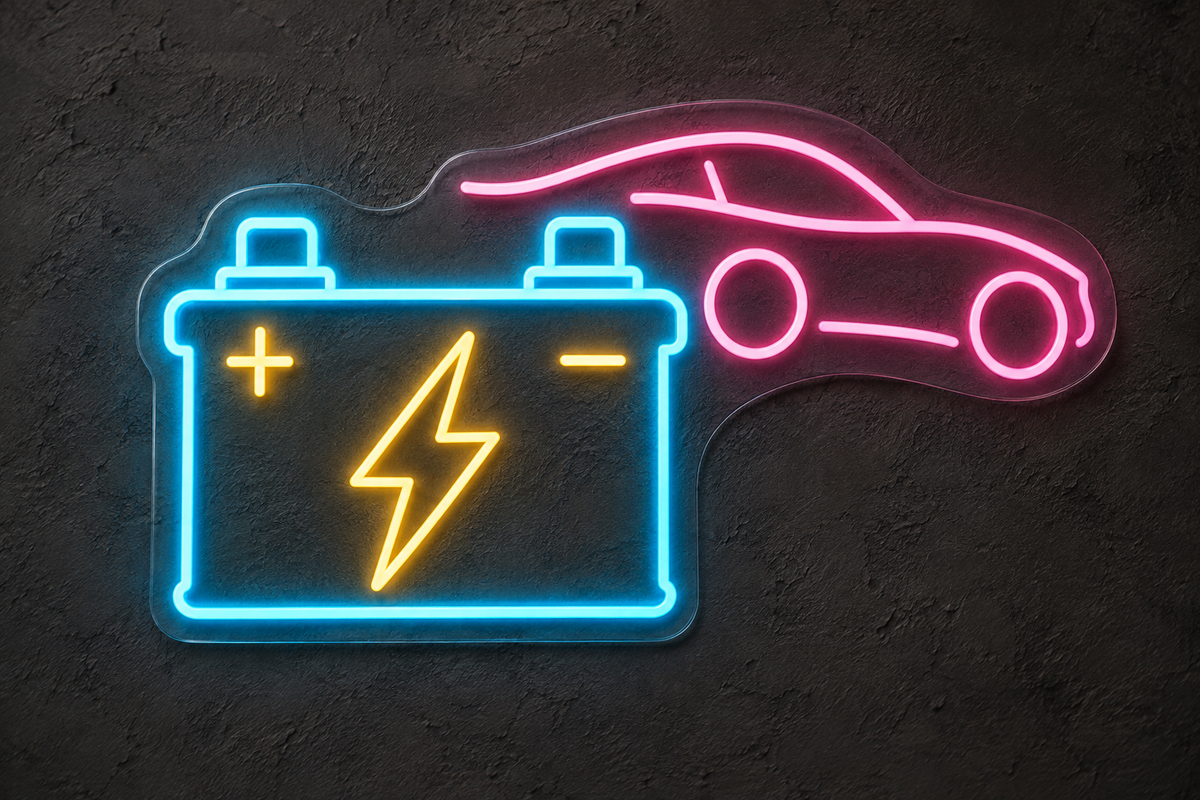 Car Battery and Lightning Bolt LED Neon Sign for Battery Shops - design reference
