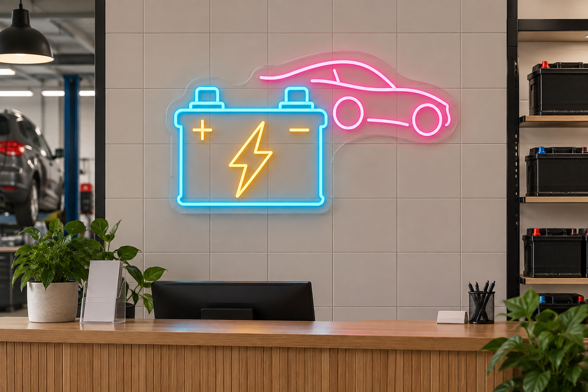 Car Battery and Lightning Bolt LED Neon Sign for Battery Shops - interior setting