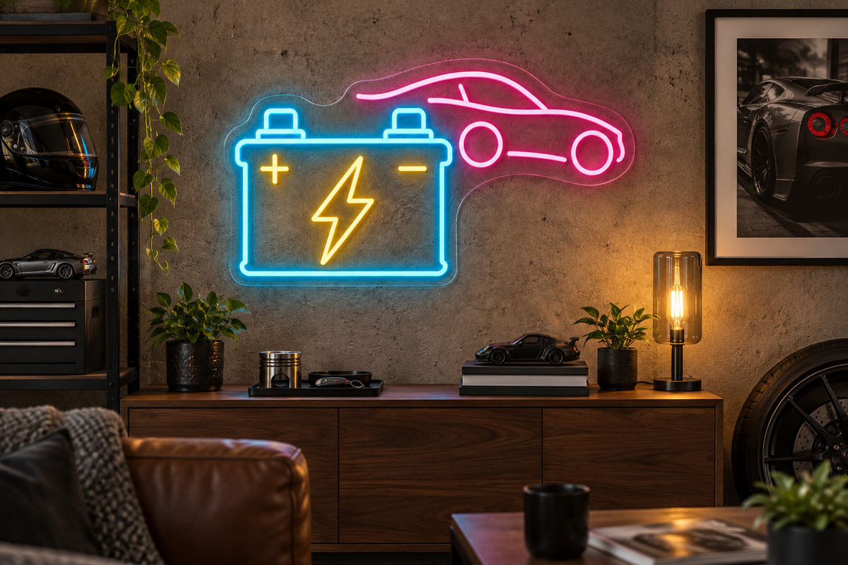 Car Battery and Lightning Bolt LED Neon Sign for Battery Shops - interior setting