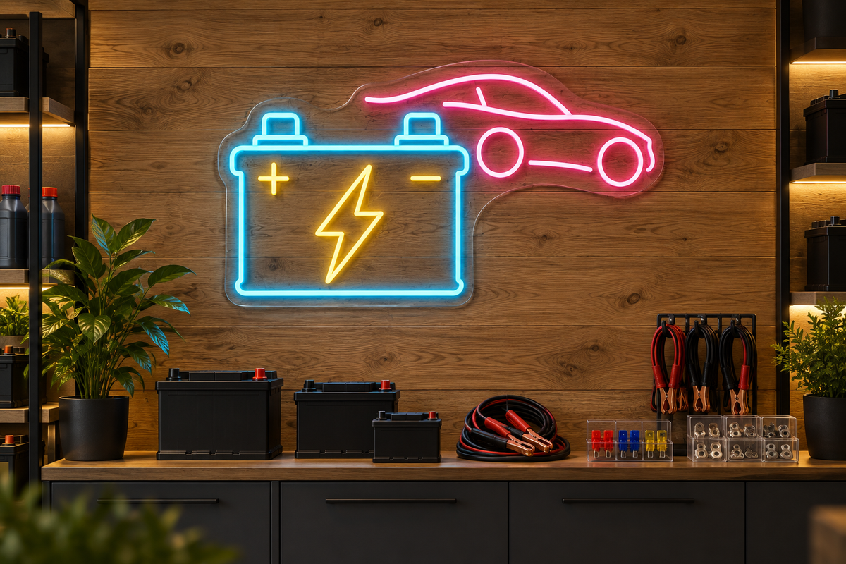 Car Battery and Lightning Bolt LED Neon Sign for Battery Shops - interior setting