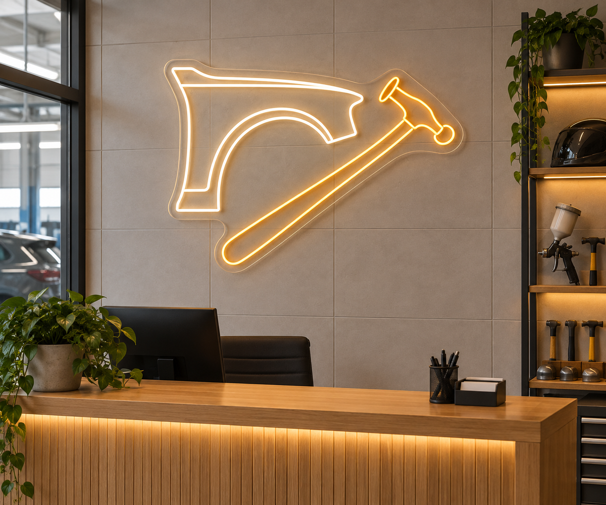 Car Fender and Bodywork Hammer LED Neon Sign for Bodywork Shops - interior setting