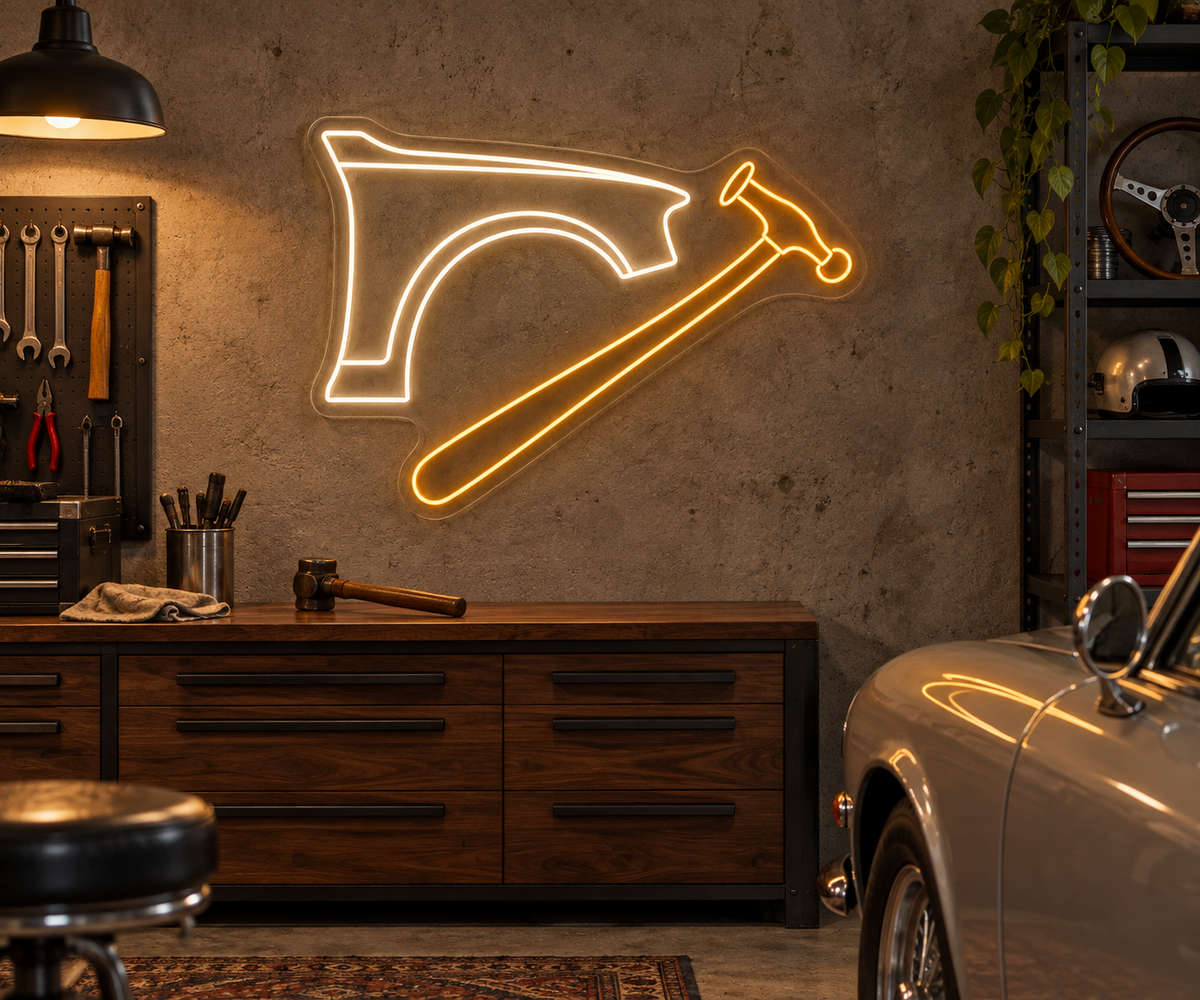 Car Fender and Bodywork Hammer LED Neon Sign for Bodywork Shops - interior setting