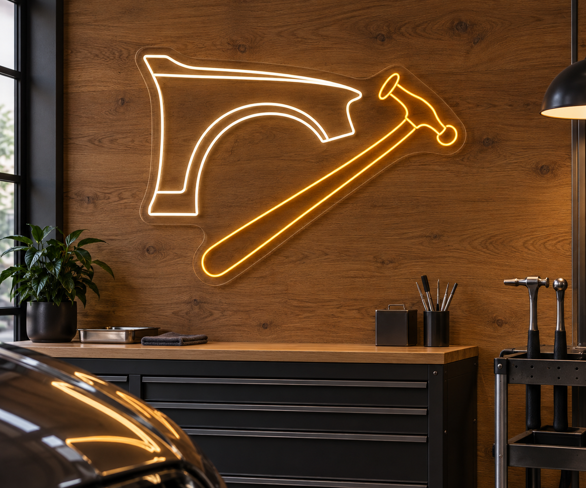 Car Fender and Bodywork Hammer LED Neon Sign for Bodywork Shops - interior setting