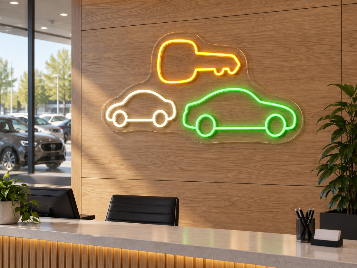 Car Key and Two Cars LED Neon Sign for Car Showrooms - interior setting