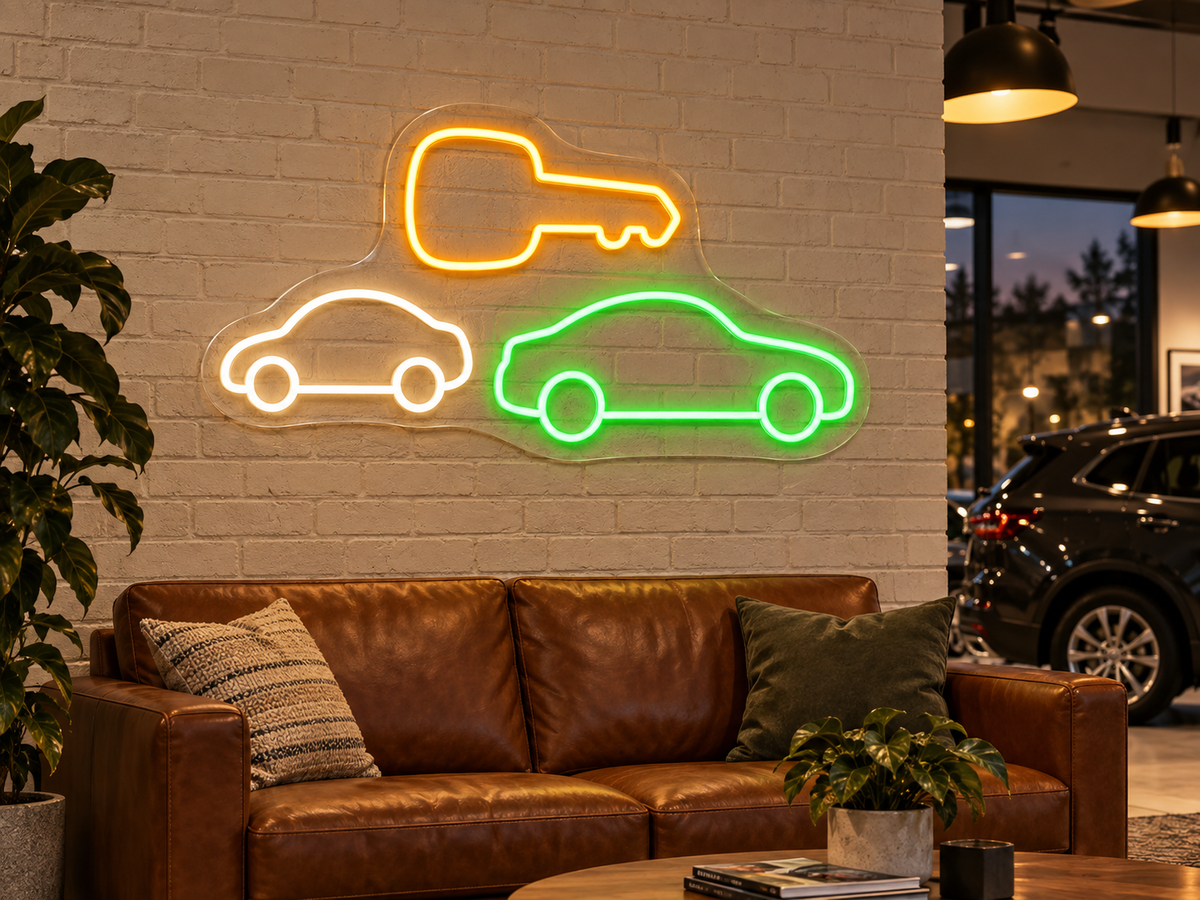 Car Key and Two Cars LED Neon Sign for Car Showrooms - interior setting