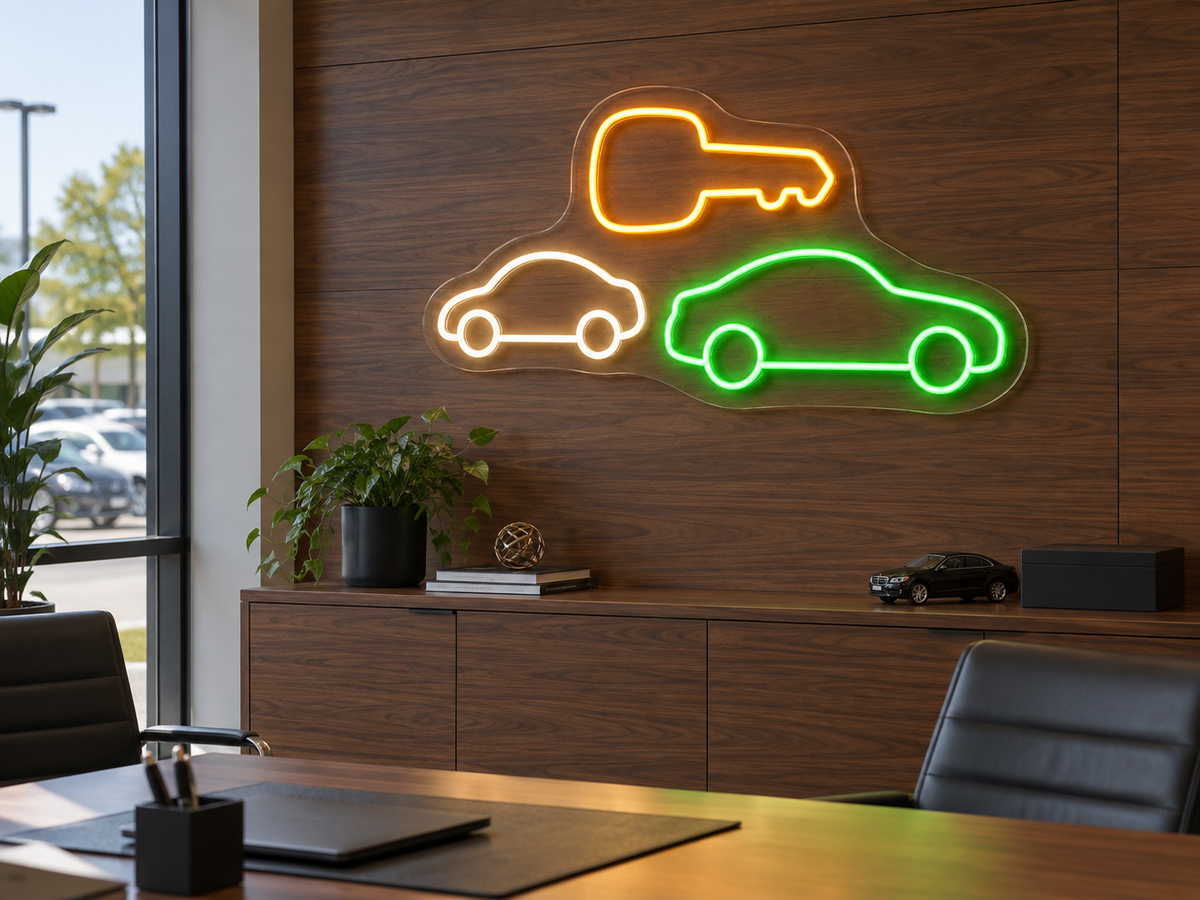 Car Key and Two Cars LED Neon Sign for Car Showrooms - interior setting
