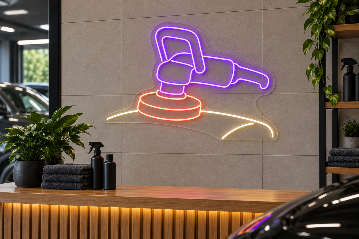 Car Polisher and Hood LED Neon Sign for Detailing Studios - interior setting