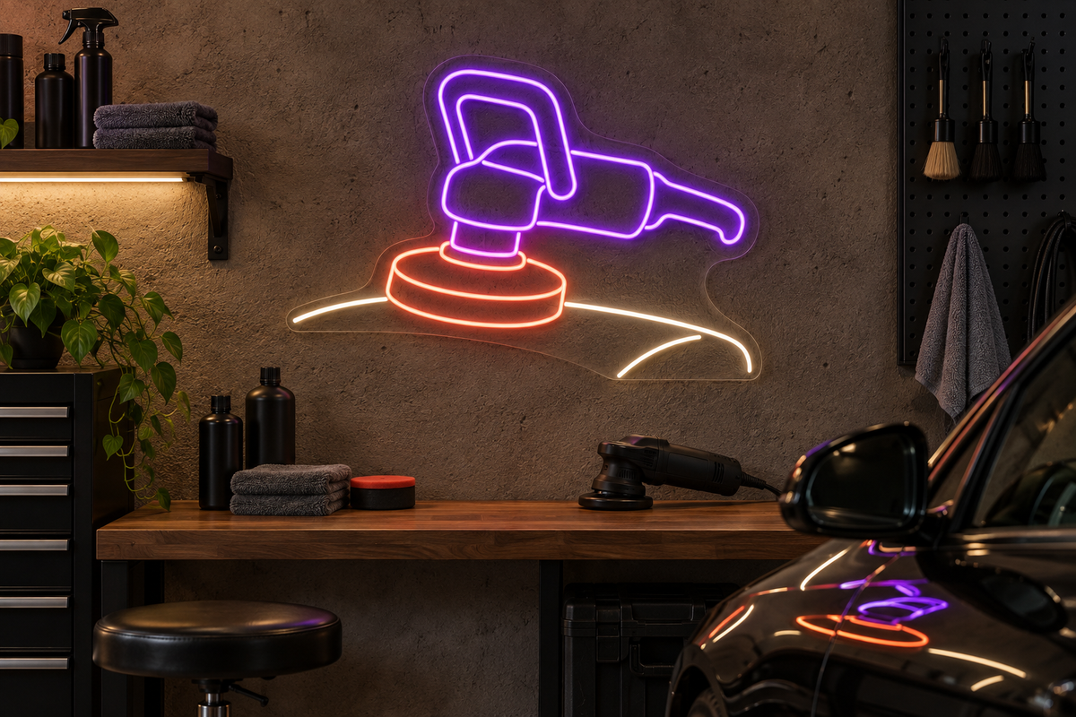 Car Polisher and Hood LED Neon Sign for Detailing Studios - interior setting