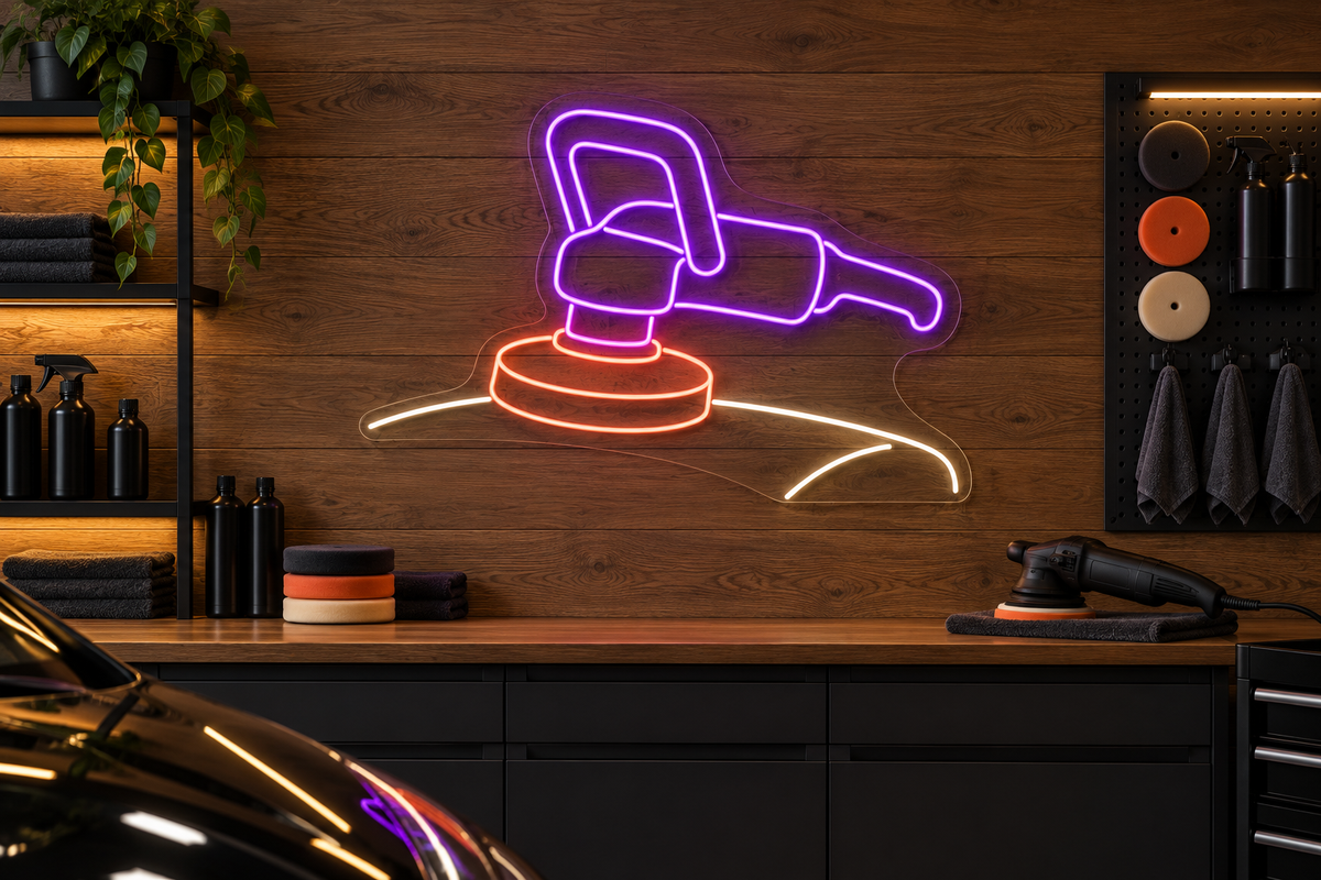 Car Polisher and Hood LED Neon Sign for Detailing Studios - interior setting