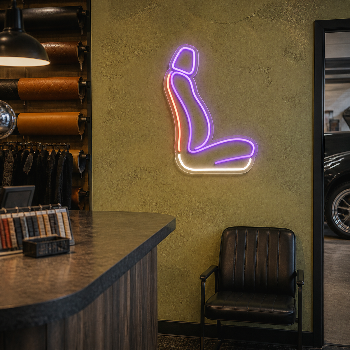 Car Seat Profile LED Neon Sign for Upholstery Studios - interior setting