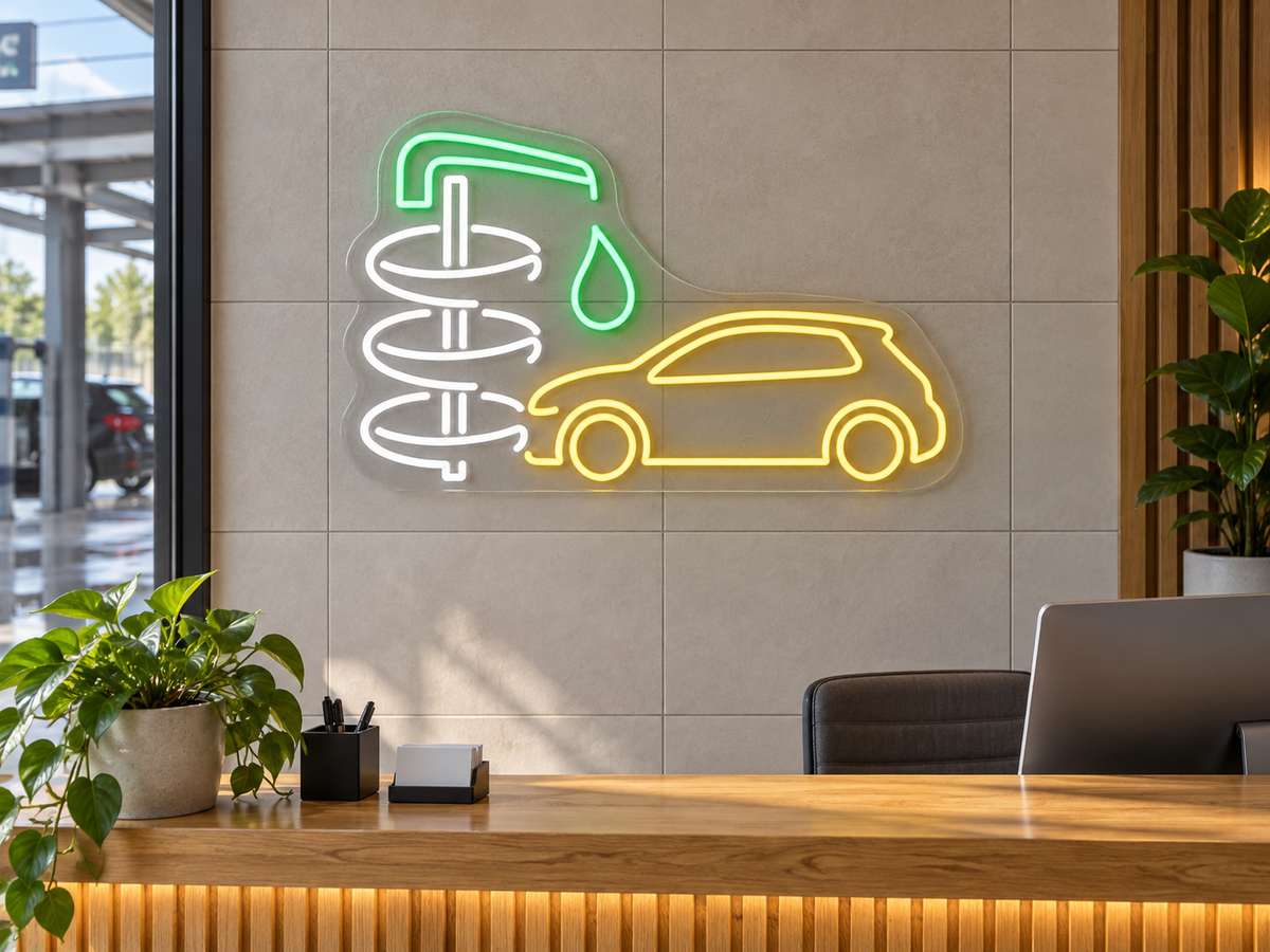 Car Wash Brush and Hatchback LED Neon Sign for Car Wash Reception - interior setting