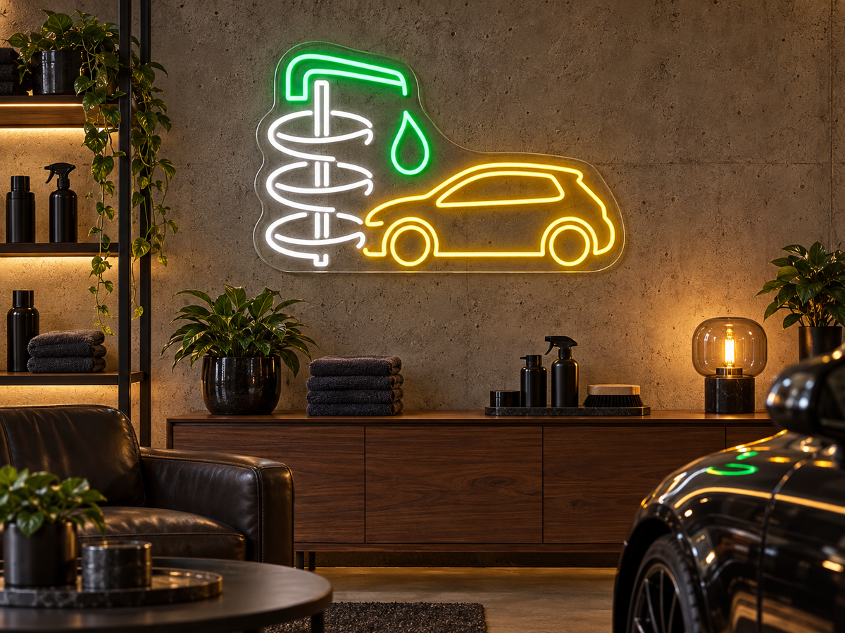 Car Wash Brush and Hatchback LED Neon Sign for Car Wash Reception - interior setting