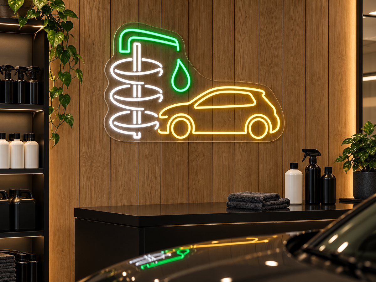 Car Wash Brush and Hatchback LED Neon Sign for Car Wash Reception - interior setting