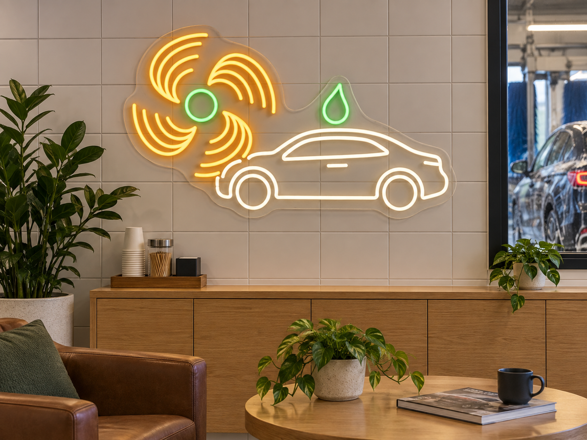 Car Wash Fan and Sedan LED Neon Sign for Car Care Spaces - interior setting