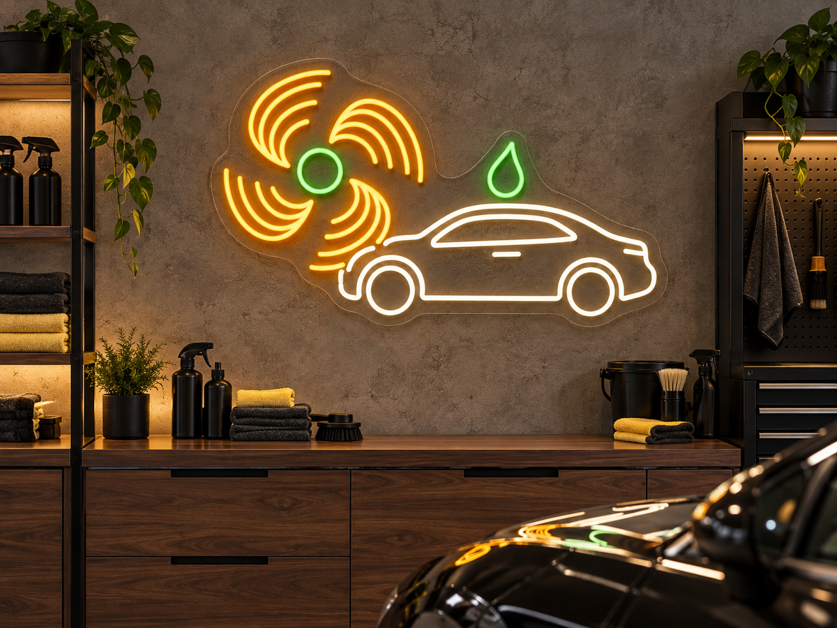 Car Wash Fan and Sedan LED Neon Sign for Car Care Spaces - interior setting