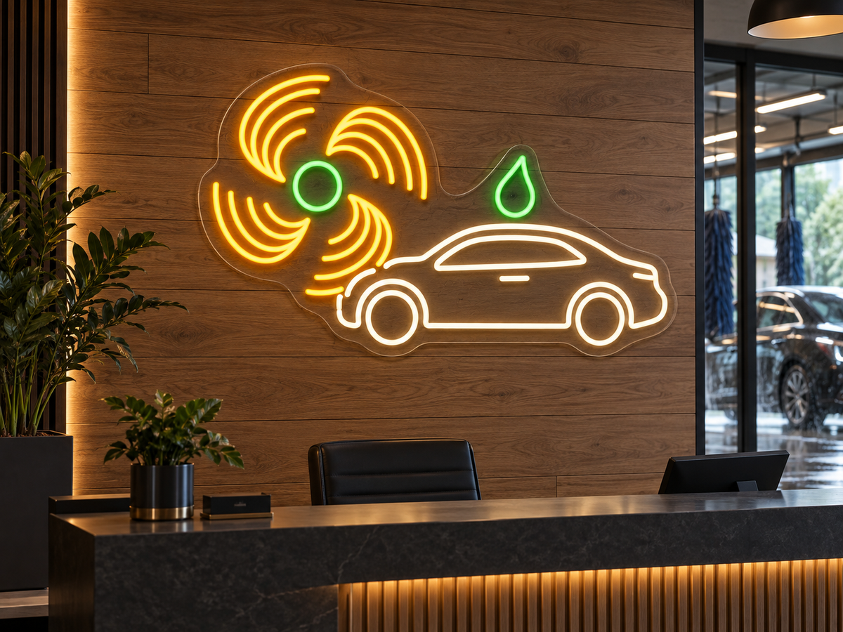 Car Wash Fan and Sedan LED Neon Sign for Car Care Spaces - interior setting