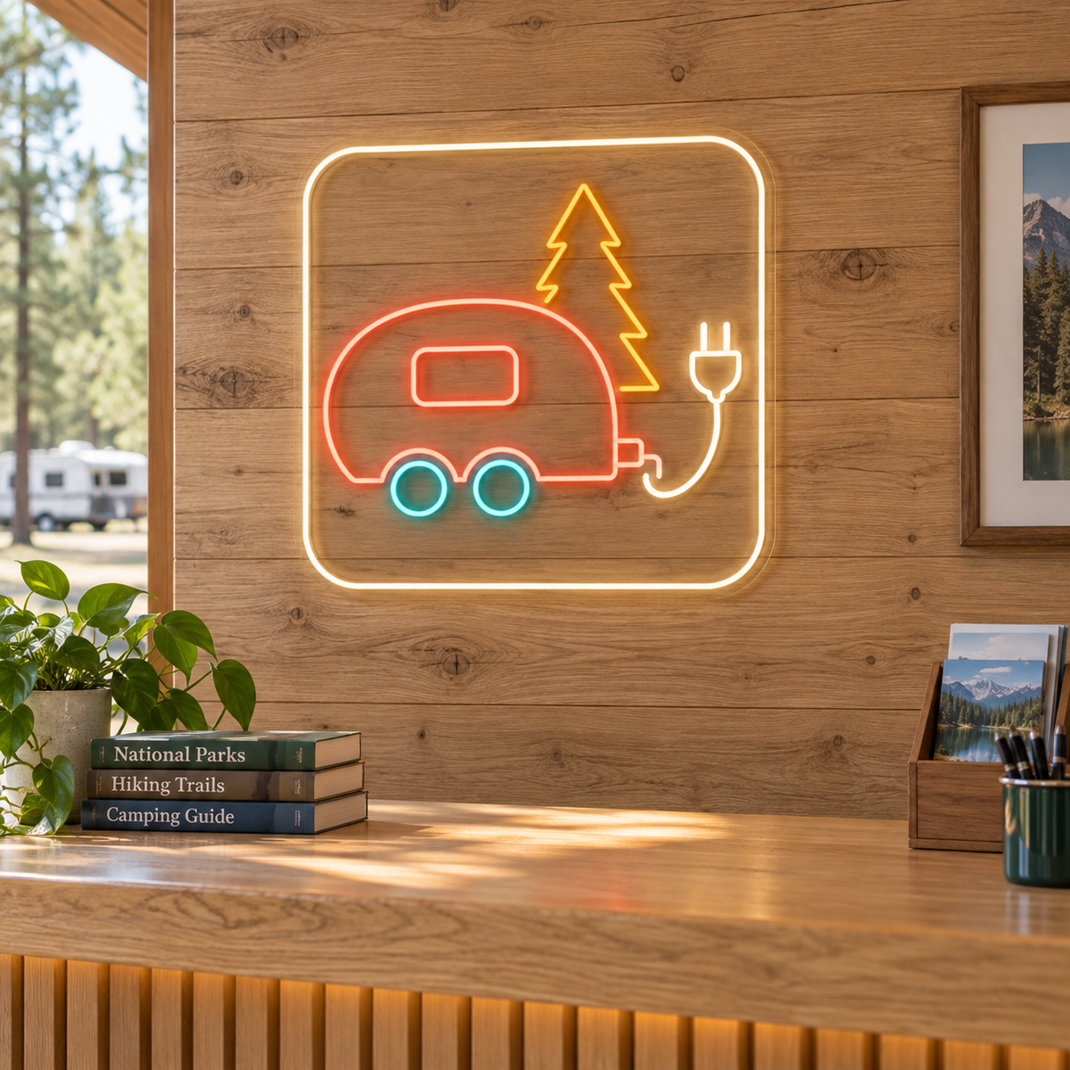 Caravan & Pine Tree LED Neon Sign for RV Parks - interior setting
