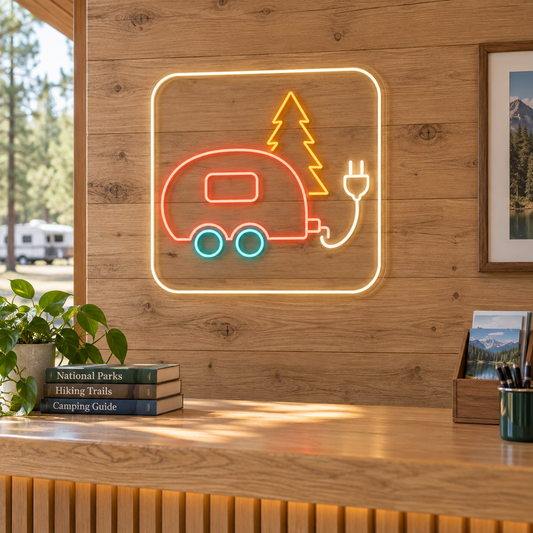 Caravan & Pine Tree LED Neon Sign for RV Parks - interior setting