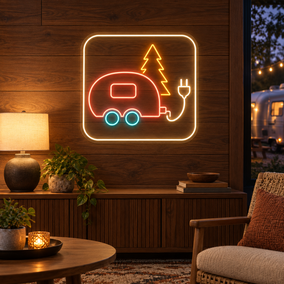 Caravan & Pine Tree LED Neon Sign for RV Parks - interior setting