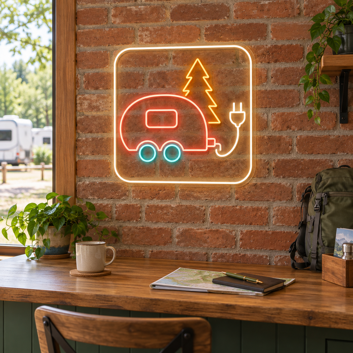 Caravan & Pine Tree LED Neon Sign for RV Parks - interior setting